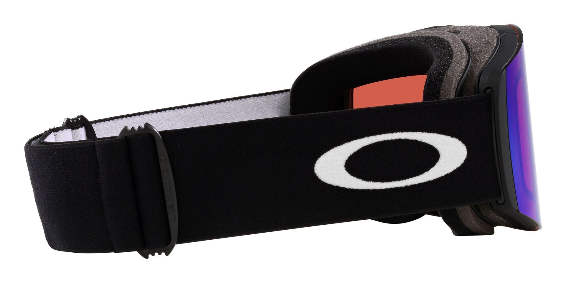 Matte black snow goggles sunglasses with Prizm purple mirrored side lens and O-logo strap