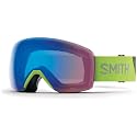 Snow goggles with blue-tinted frame and green SMITH strap, small side view.