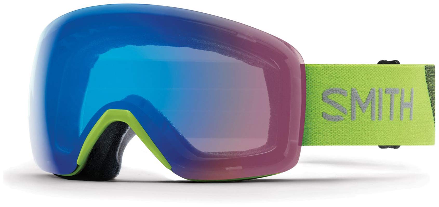Snow goggles with blue frame, green strap, and pink-blue mirrored lens.