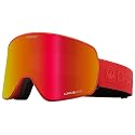Snow goggles with red mirrored lens and red strap, angled side view