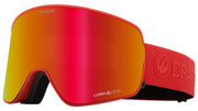 Snow goggles with red-to-orange mirrored lens and bright red strap