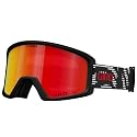 Snow goggles with black frame and red mirrored lens; narrow side profile.