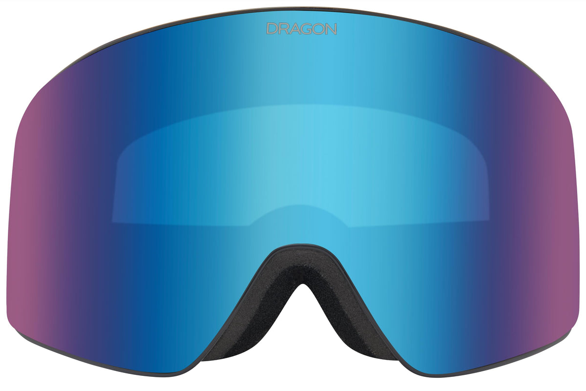 Snow goggles with large blue mirrored lens and black frame, centered front view