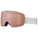 Snow goggles with pink-tinted lens and white strap, Giro branding on lens edge.