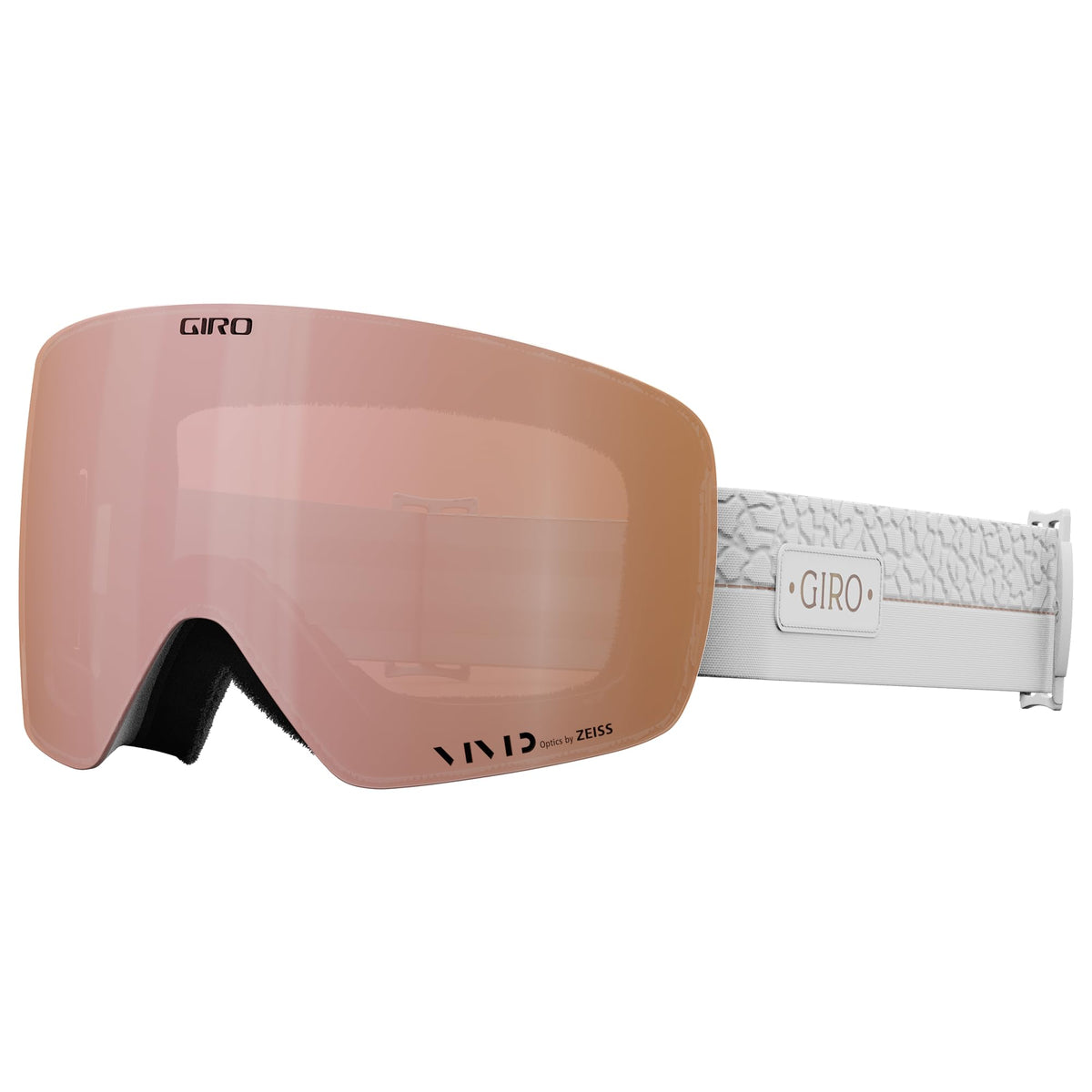 Snow goggles with pink-tinted lens and white frame strap, Giro logo on lens and strap.