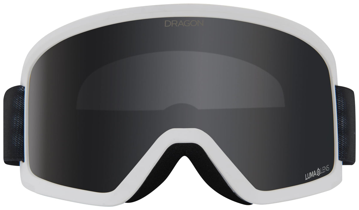 Snow goggles with white frame and dark smoke lens, side foam pads and strap