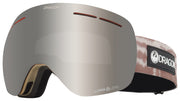 Snow goggles with gray mirrored lens, black strap, and logo patch.