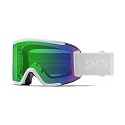 Snow goggles with green-blue mirrored lens and white SMITH strap patch