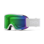 Snow goggles with green-to-purple mirrored lens and white SMITH strap patch