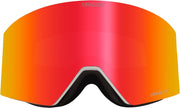Snow goggles with large orange-to-red mirrored lens and black foam frame
