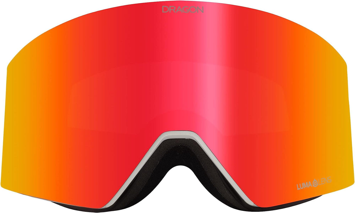 Snow goggles with large orange-to-red mirrored lens and black foam frame