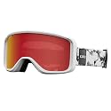 Snow goggles with white frame and red lens; patterned black strap