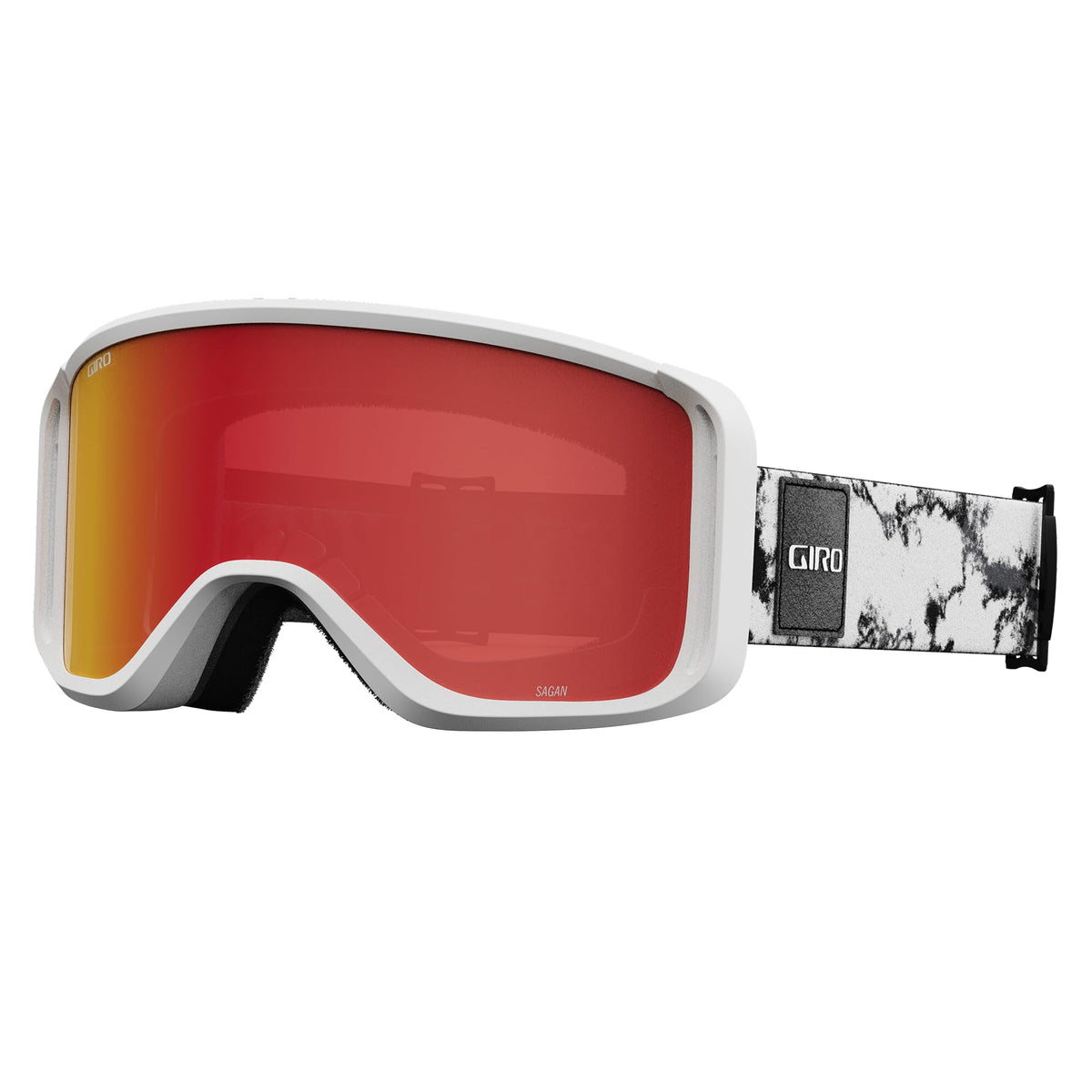 Sagen snow goggles with white frame and red-tinted lens, patterned black strap