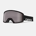 Snow goggles with black frame and dark smoke lens; side view with logo.