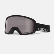 Snow goggles with black frame and dark smoke lens; black strap with white logo.