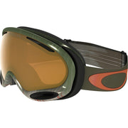 Oakley A-Frame ski goggles with olive frame and orange-tinted lens, side view