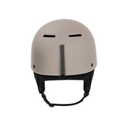 Matte beige low-profile snow helmet with two vent slots and black chin strap.