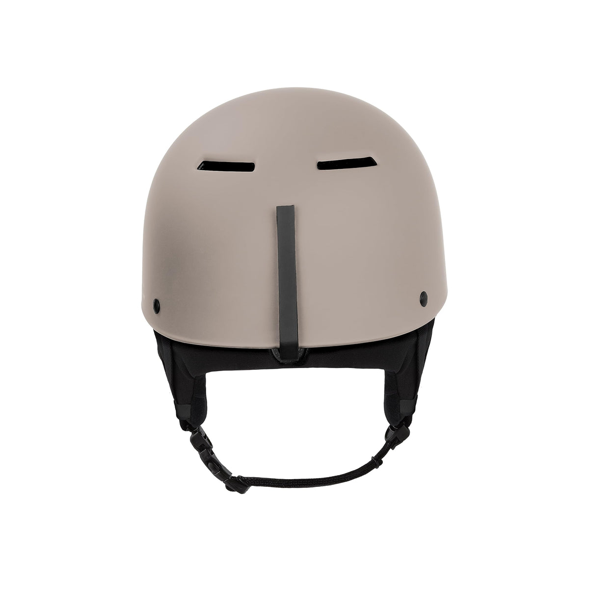 Matte beige low-profile snow helmet with two vent slots and black chin strap.