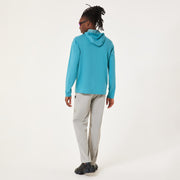 Men's blue hoodie with hood and front zipper, back view, long sleeves