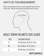 Adult snow helmet size guide chart with measuring instructions and Giro logo