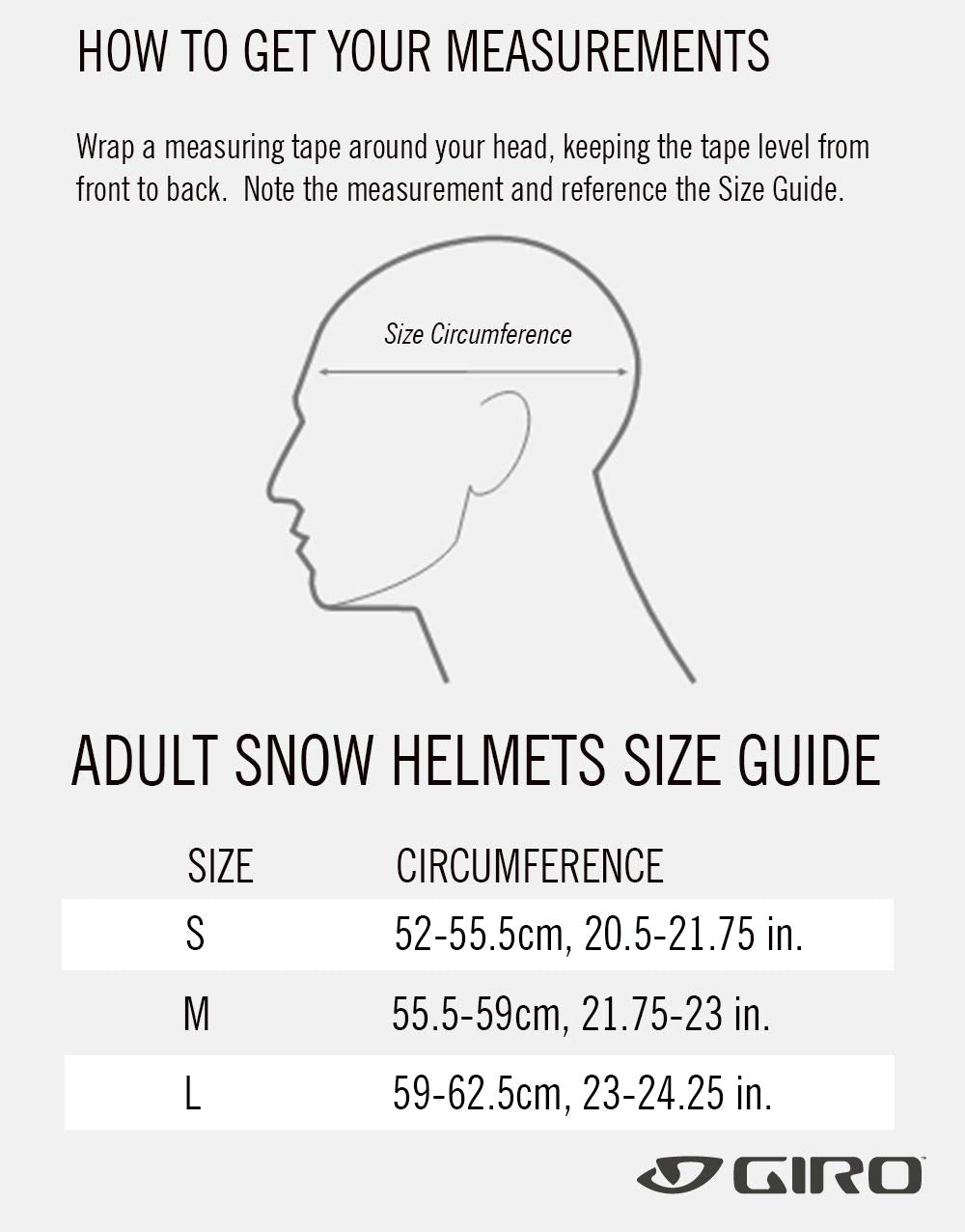 Adult snow helmet size guide chart with measuring instructions and Giro logo