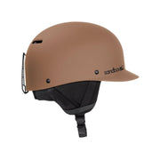 Tan matte snow helmet with chin strap and vented front shell