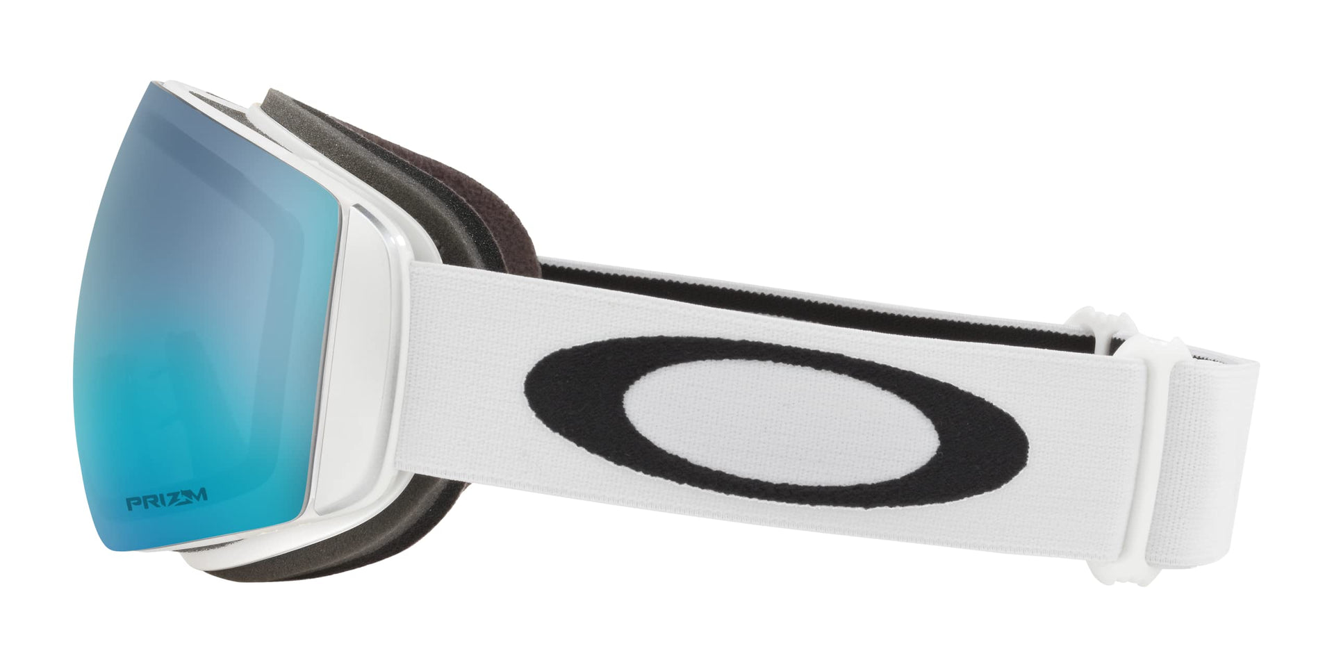 Oakley snow goggle with white strap and blue mirrored Prizm lens, side view.