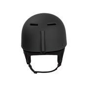 Black snow helmet with front center strap and two top vents.
