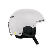 White snow helmet with chin strap and side safety vent, matte finish.