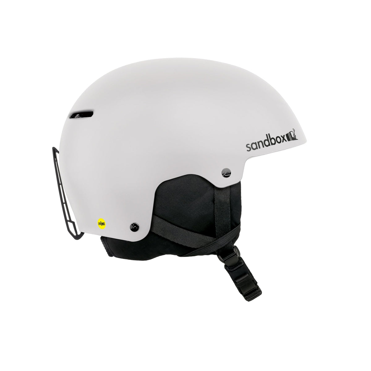 White snow helmet with chin strap and side safety vent, matte finish.