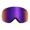 Snow goggles lens close-up with purple-to-amber reflective gradient and black frame