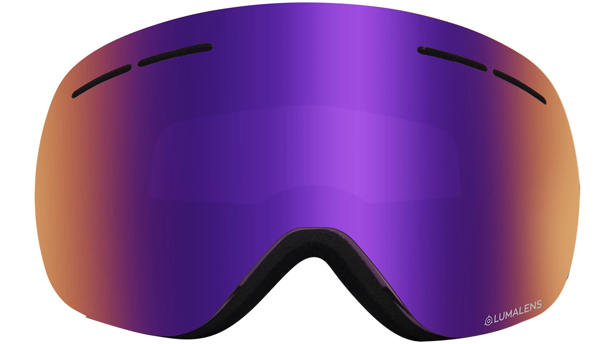 Snow goggles lens with purple reflective finish and full coverage black goggle frame