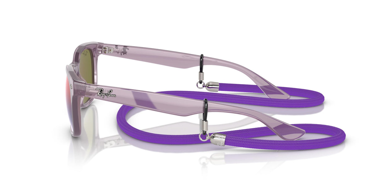 Ray-Ban Junior Wayfarer sunglasses with clear purple frame, purple lenses, and purple strap