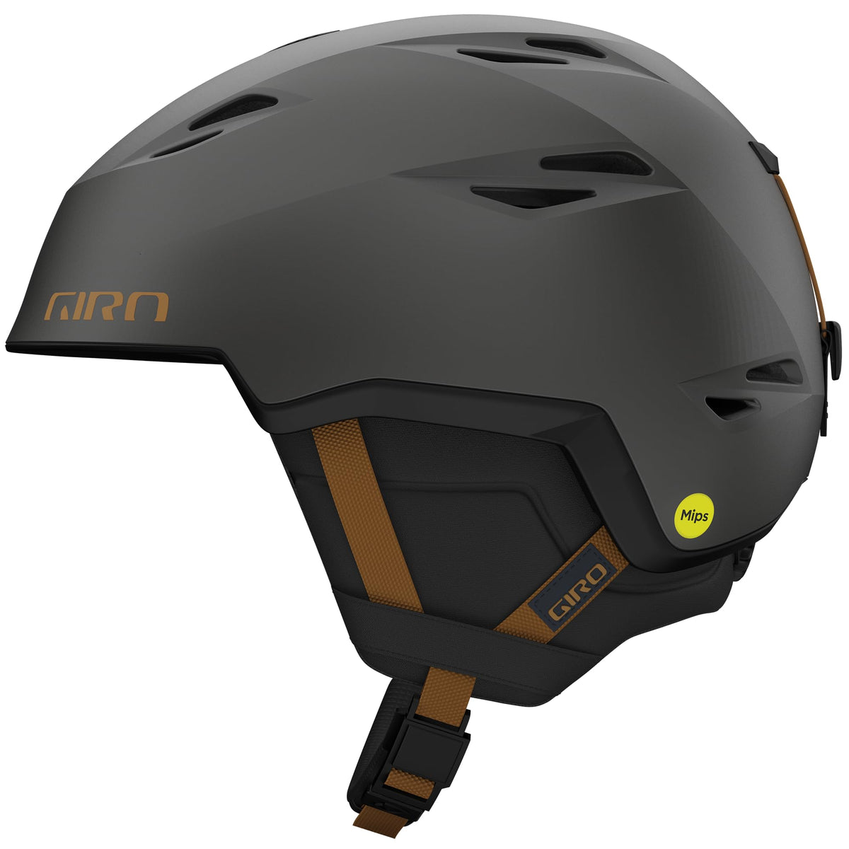 Charcoal ski helmet with vented shell, Mips badge, and tan accent chin strap.