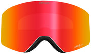 Red-orange mirrored snow goggle lens with black frame and Luma lens text