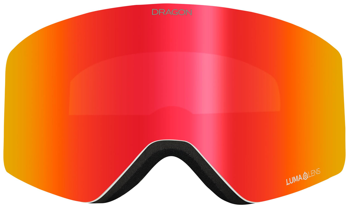 Red-orange mirrored snow goggle lens with black frame and Luma lens text
