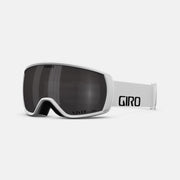 White snow goggles with dark mirrored lens and adjustable gray strap