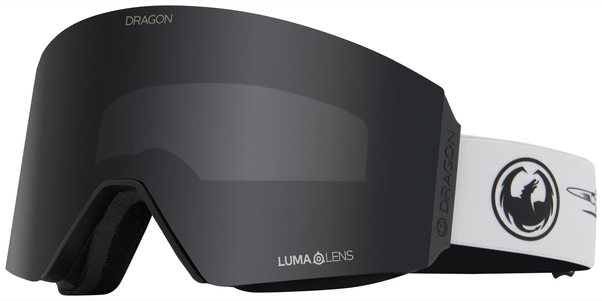 Dragon snow goggles with matte black frame and dark lens, OTG-style face fit