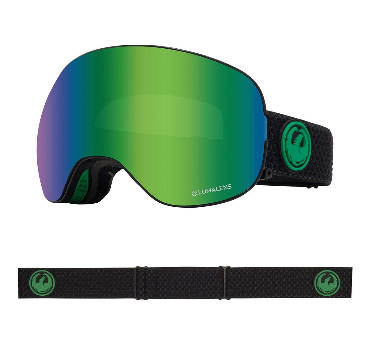 Dragon Alliance sport snow goggles with green mirrored lens and textured black strap