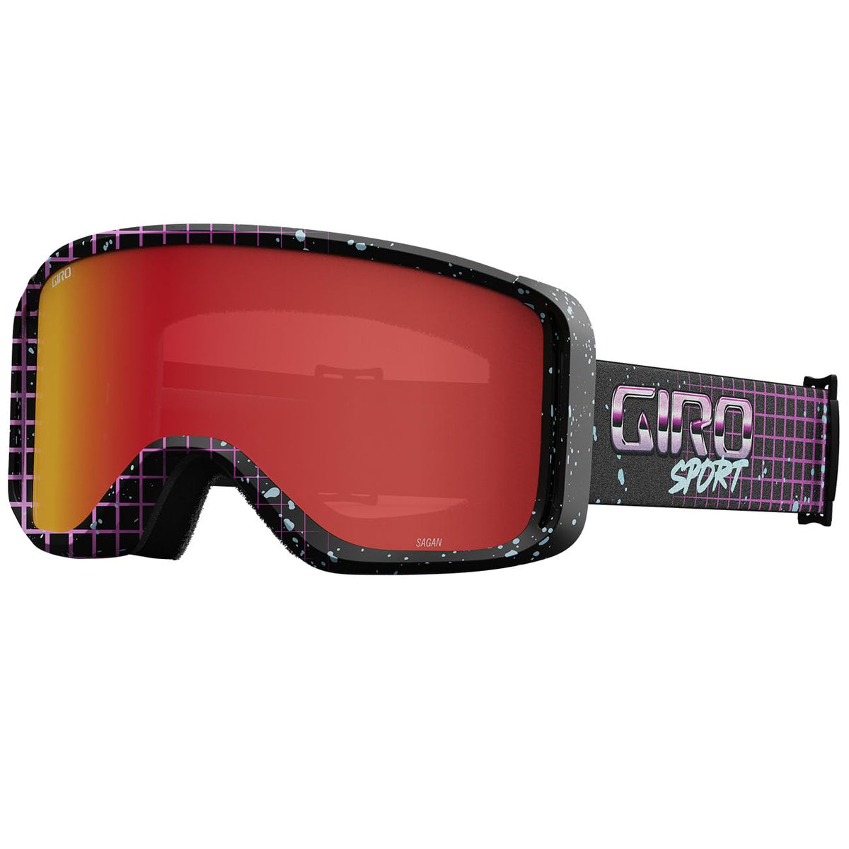 Snow goggles with black frame, red mirrored lens, and purple patterned Giro strap