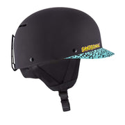 Matte black snow helmet with turquoise patterned brim and chin strap; Sandbox logo.