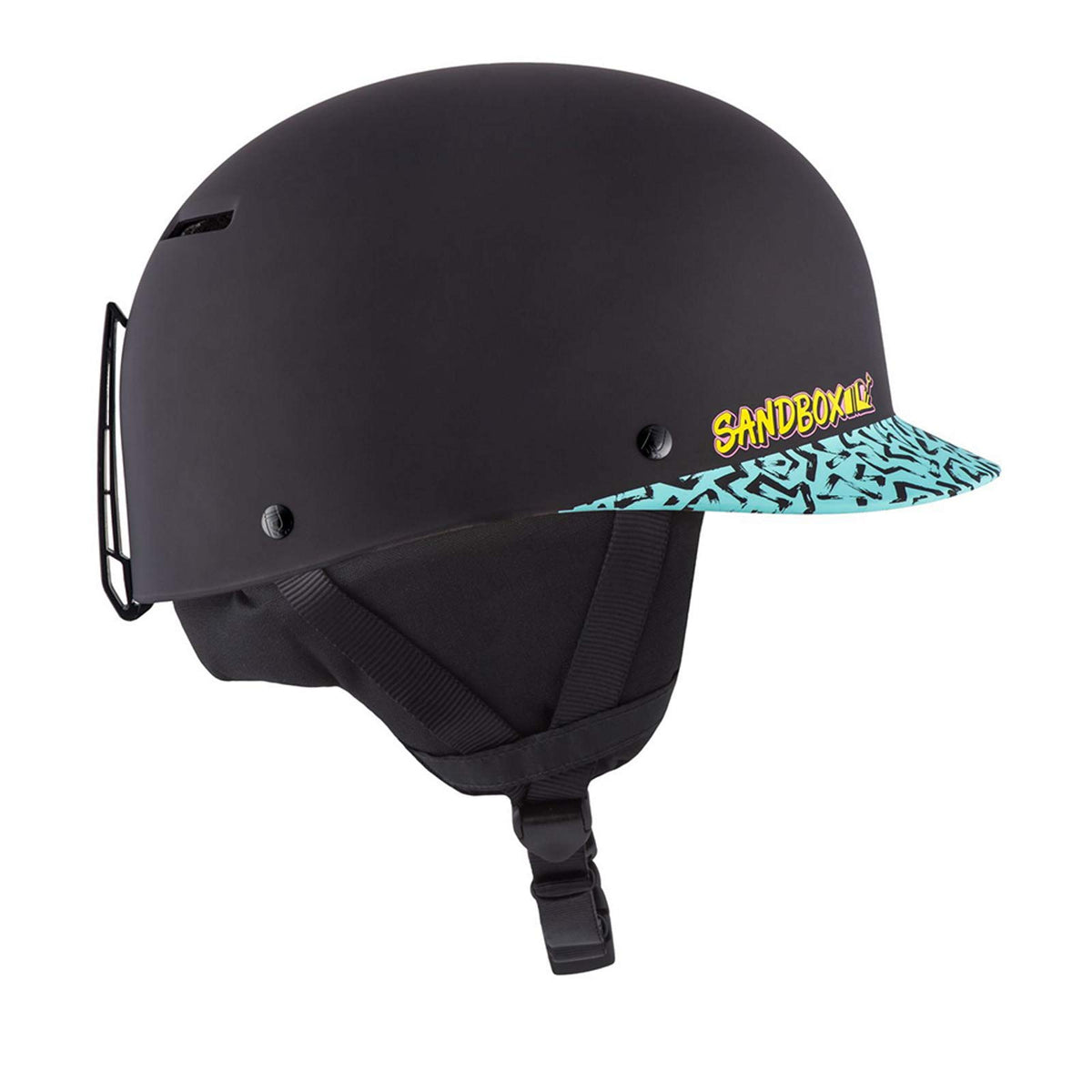 Matte black snow helmet with turquoise patterned brim and chin strap; Sandbox logo.