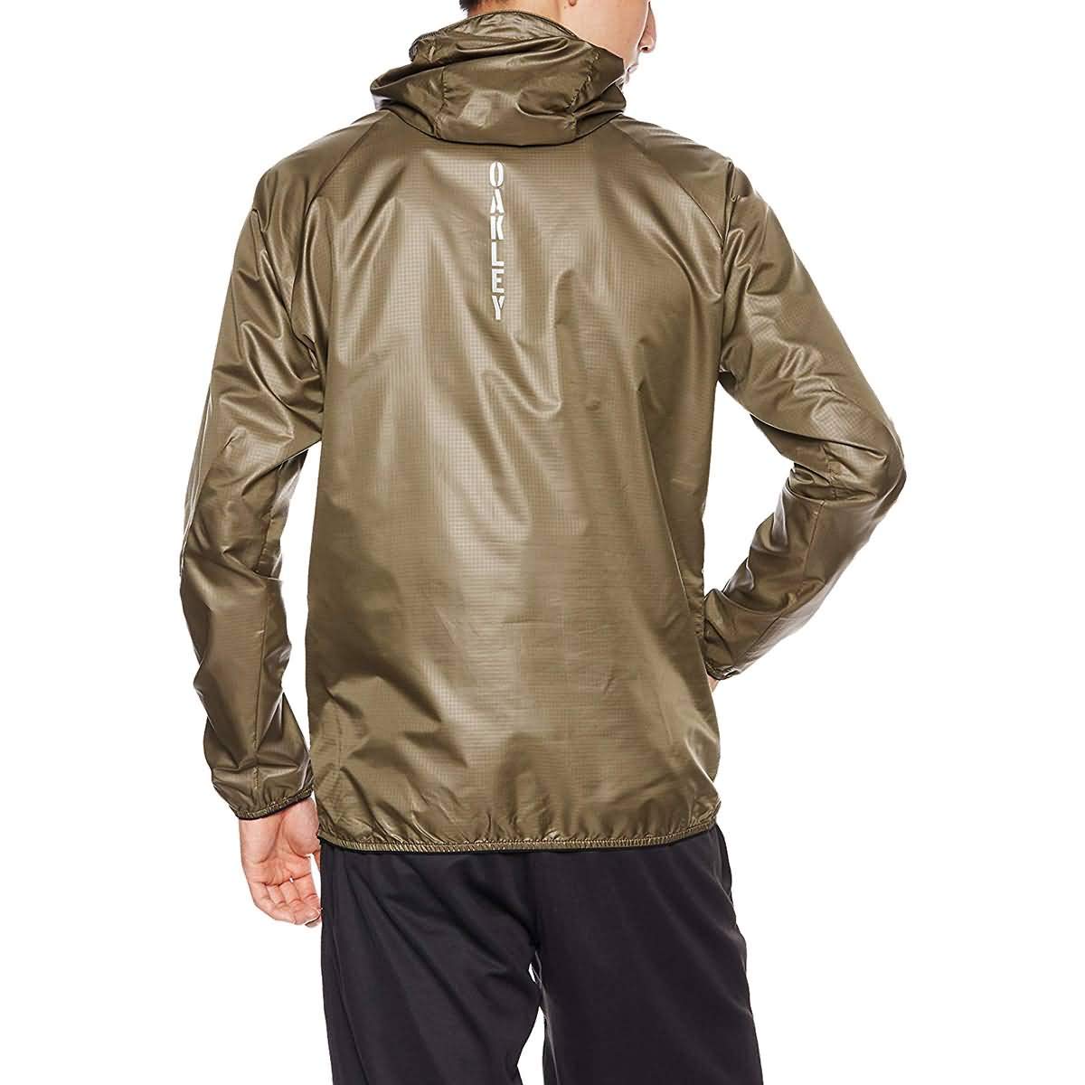 Oakley men's wind anorak jacket back view, olive hood with vertical Oakley logo