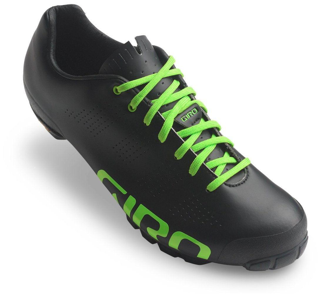 Black cycling shoes with lime neon laces and perforated sides, Giro logo