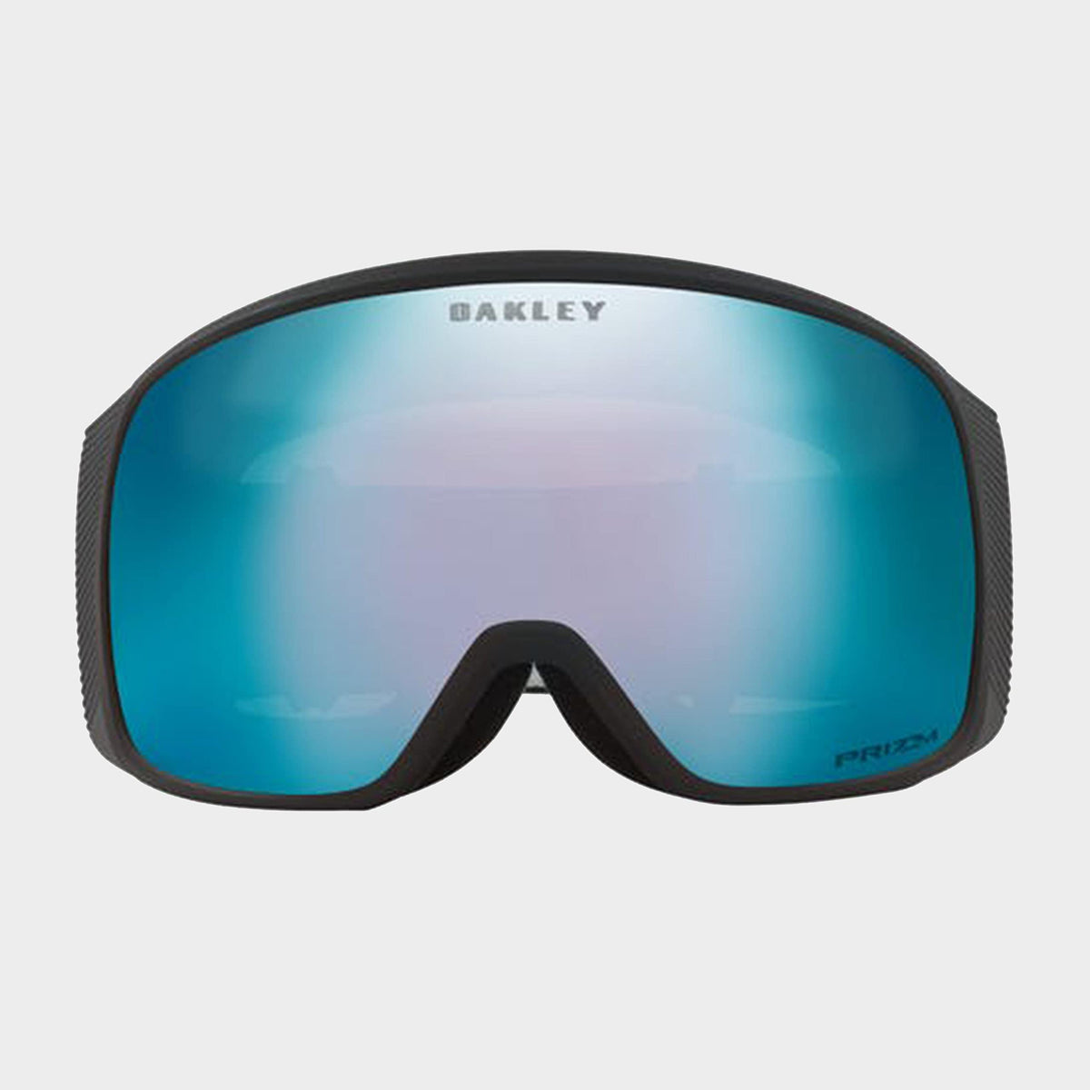 Oakley snow goggles with blue Prizm lens, black frame, front view.