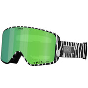 Snow goggles with green mirrored lens and black/white zebra-pattern strap