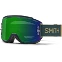 Snow goggles with dark teal frame and green-blue mirrored lens