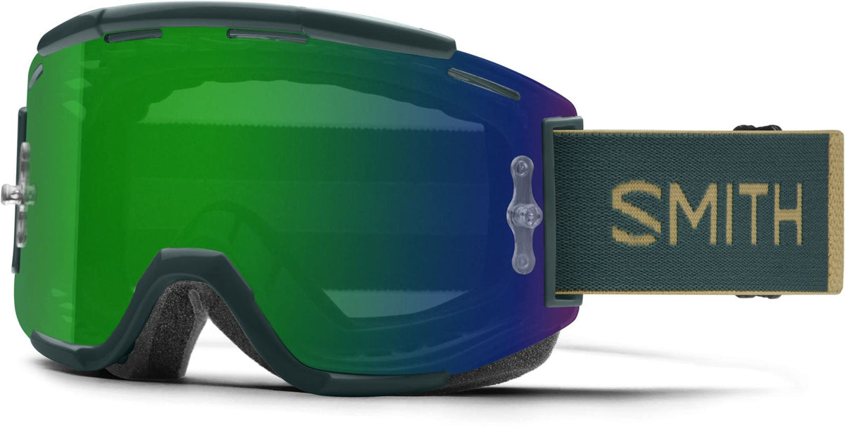 Snow goggles with green teal frame and green-blue mirrored lens