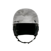 Gray camo snow helmet with padded ear guards and open face opening