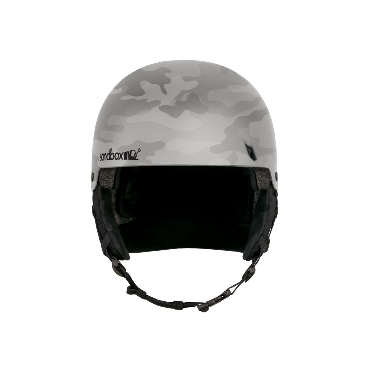 Gray camo snow helmet with padded ear guards and open face opening
